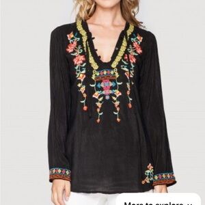 Johnny Was Suko Black Tunic with Colorful Embroidery
